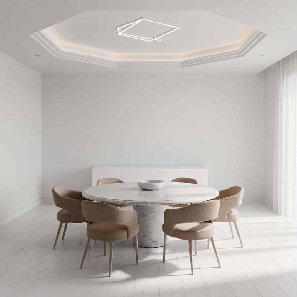 Octagonal ceiling with coffered edges and light fixture above a marble dining table.