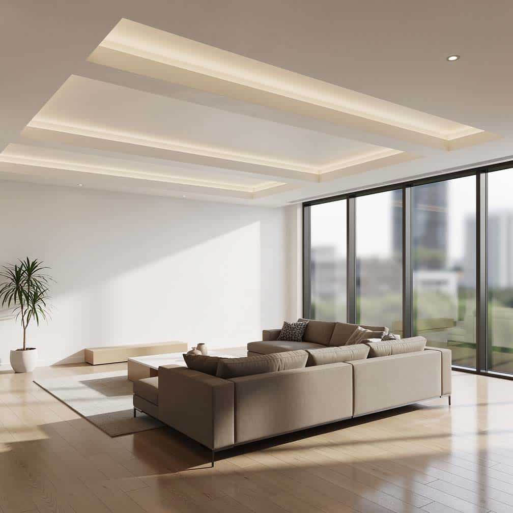 Large open concept living room with triple tray ceiling and LED cove recessed lighting.