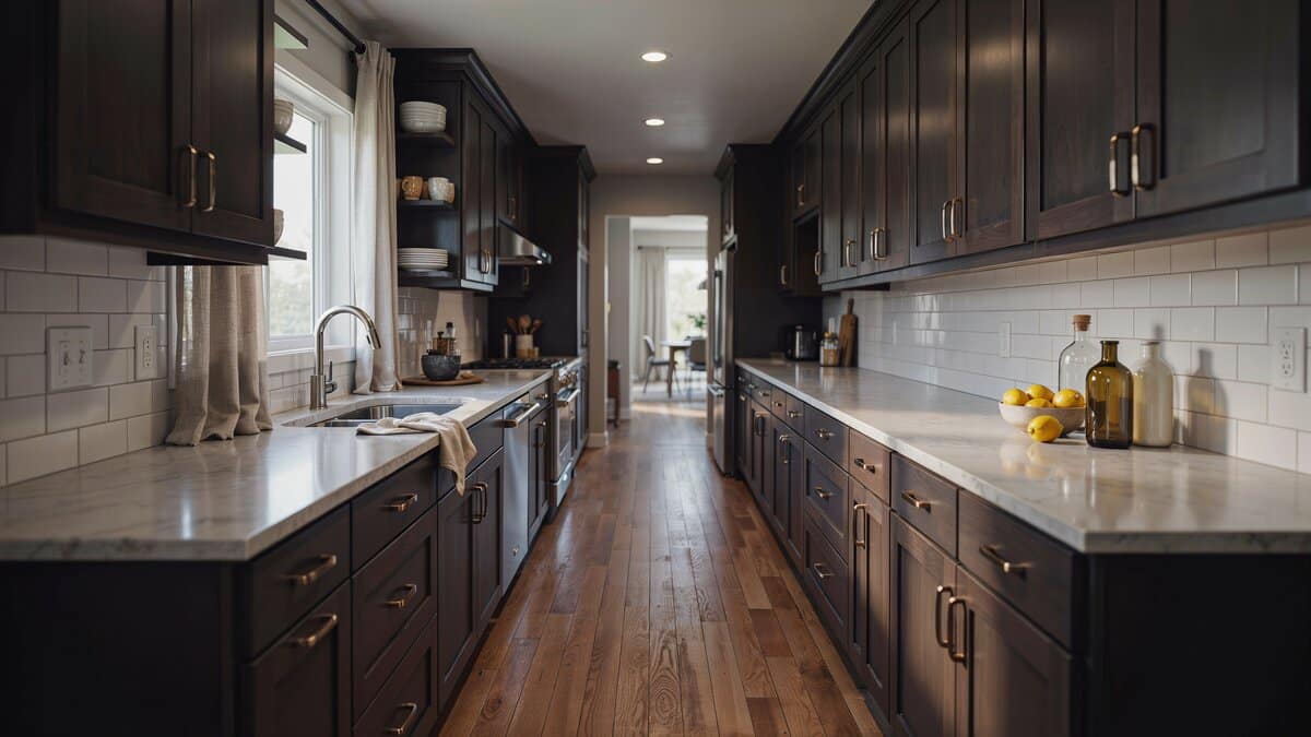 Decorative glass bottles on white quartz counter in kitchen with dark cabinets