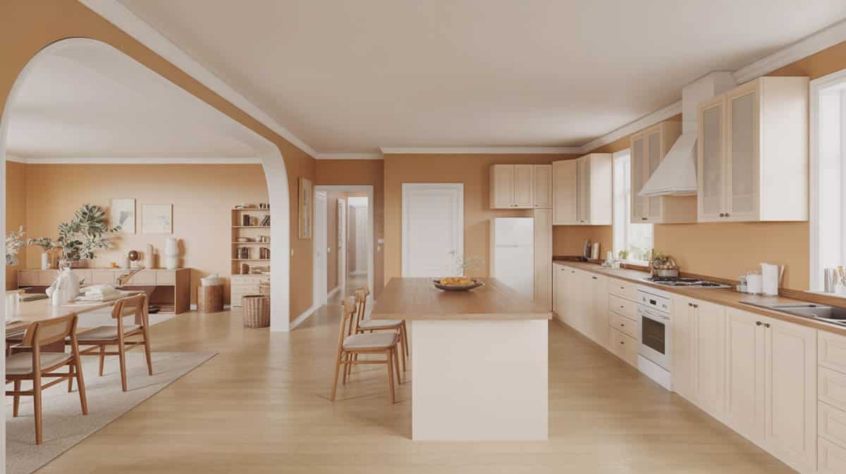 Open-plan kitchen with beige painted walls, white cabinets, and connected dining area