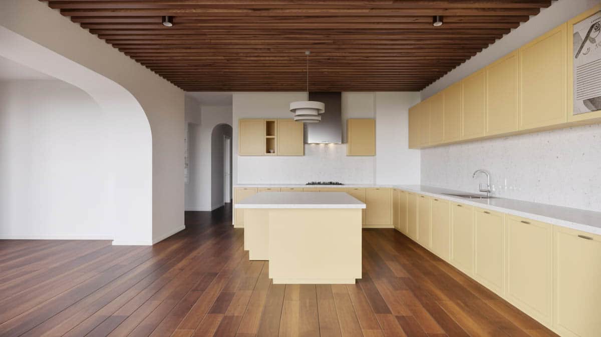 Open-plan kitchen with walnut hardwood floors, walnut ceiling slats, and oatmeal-beige wall cabinets