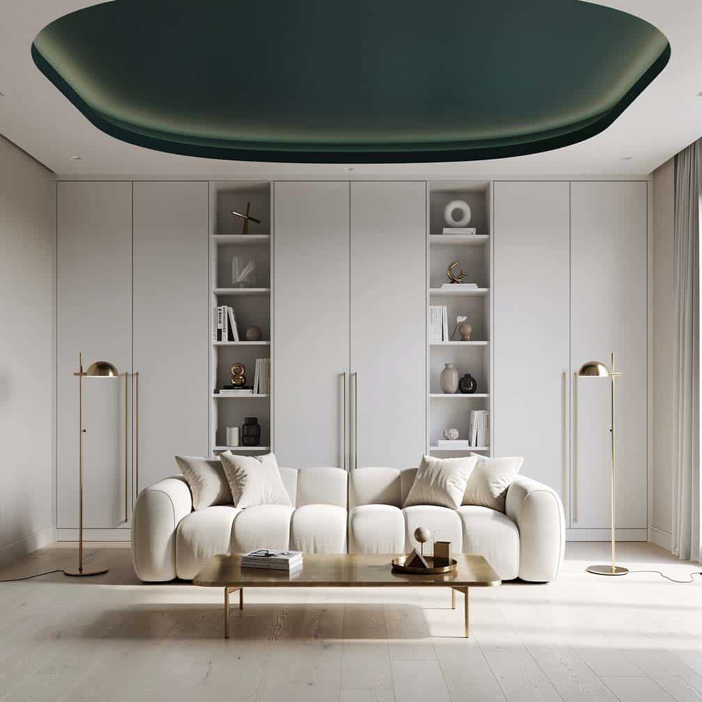 Oval ceiling design feature with aqua green living room and built-in cabinetry.
