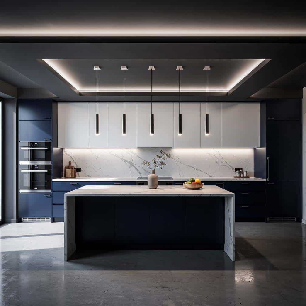 Kitchen with painted ceiling featuring hidden neon cove lighting for dramatic effect.