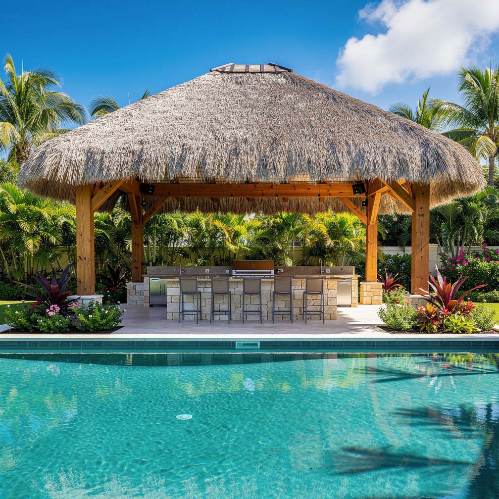 Thatched shade structure over a poolside outdoor kitchen and BBQ bar