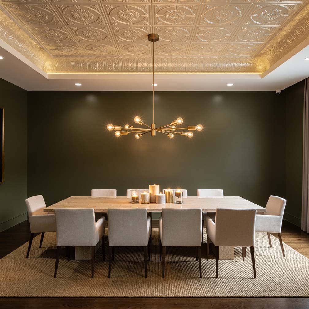 Pressed tin ceiling with a large brass chandelier in a contemporary dining room.
