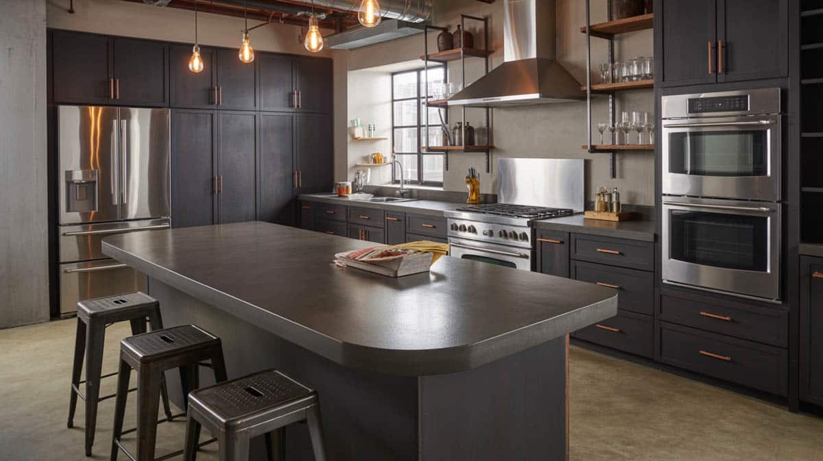 Gray concrete overlay island countertop with rustic cross-base wood frame and black barstools