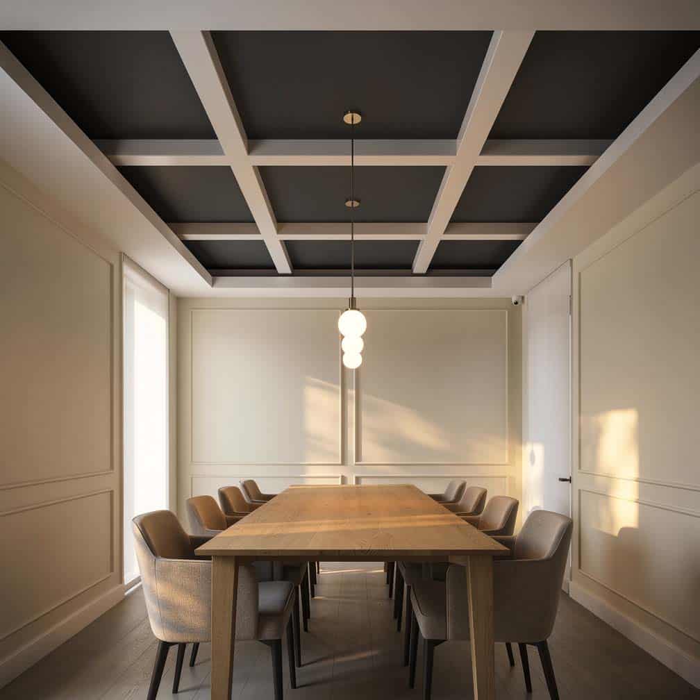 Reverse coffered ceiling in charcoal with white beams in a contemporary dining room.
