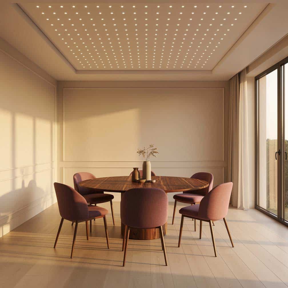 Dining room with reverse ceiling and recessed lighting.