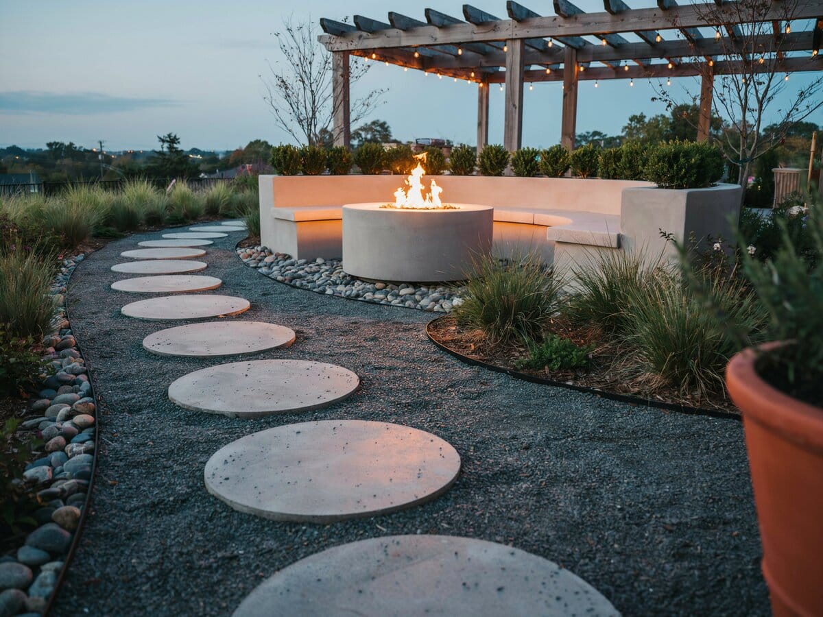 Round concrete stepping stones leading to an illuminated fire pit with a curved built-in bench