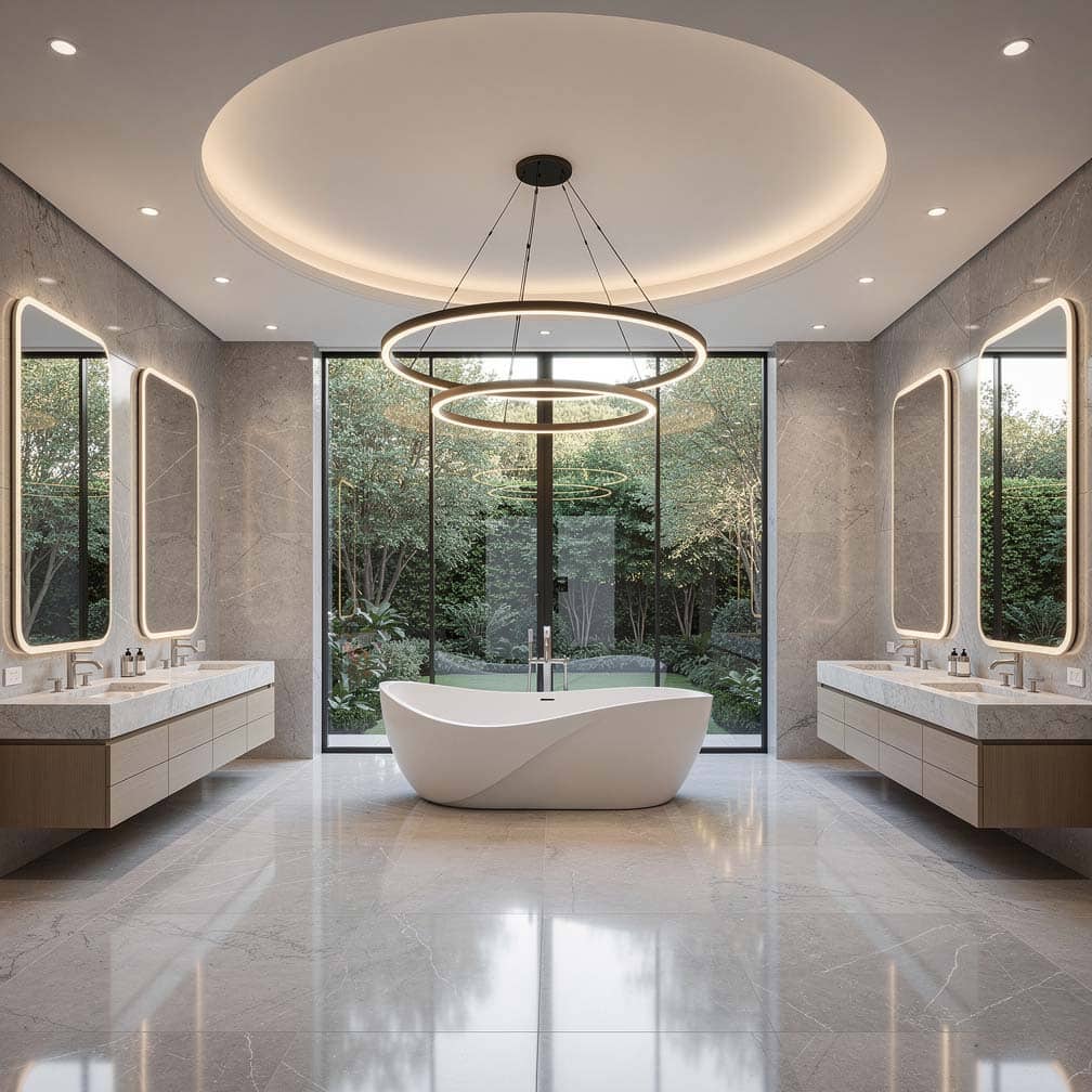 Roomy master bathroom with round ceiling, LED cove lighting and a circular chandelier.