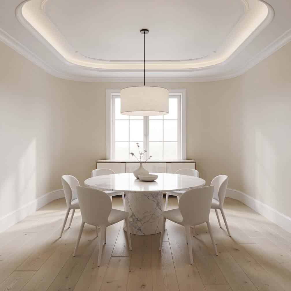 Rounded corner overhead design with white molding in a contemporary dining room.