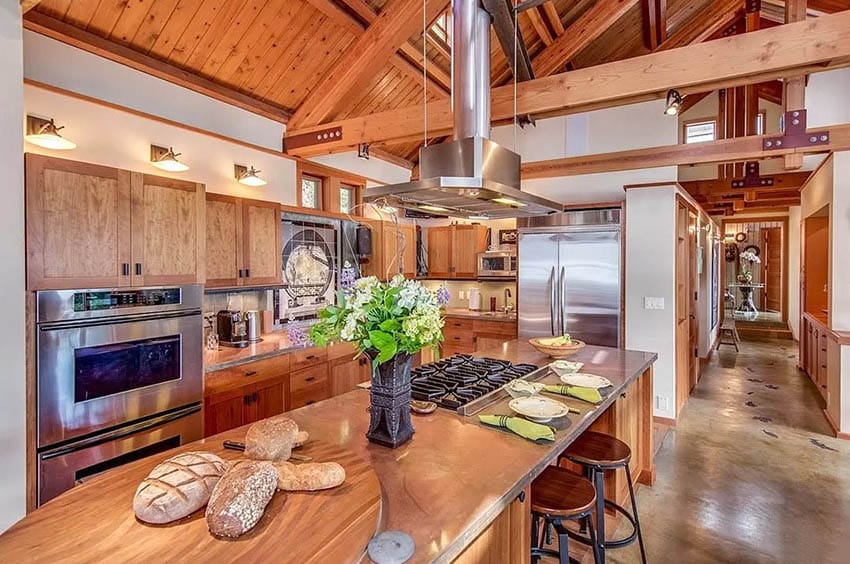 Rustic kitchen design with copper countertops and island