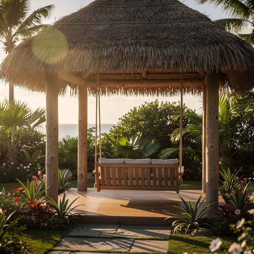 Open-air wooden pavilion with thatched roof and hanging garden bench