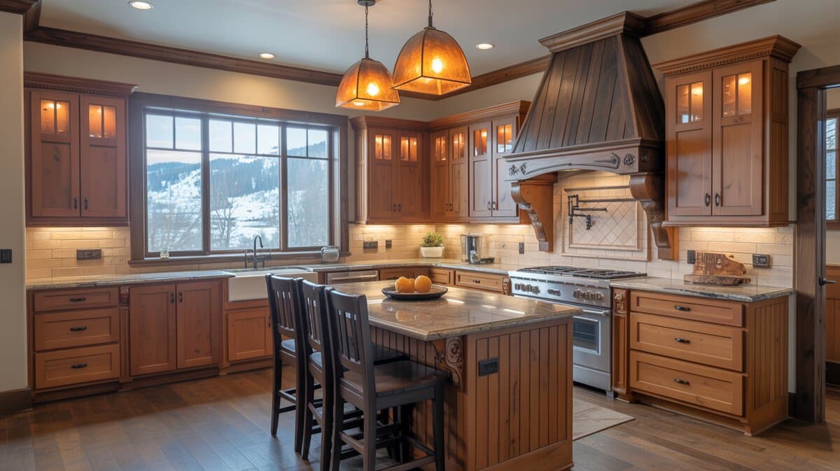 Rustic knotty pine kitchen with dark wooden hood, amber pendants, and snowy mountain window view