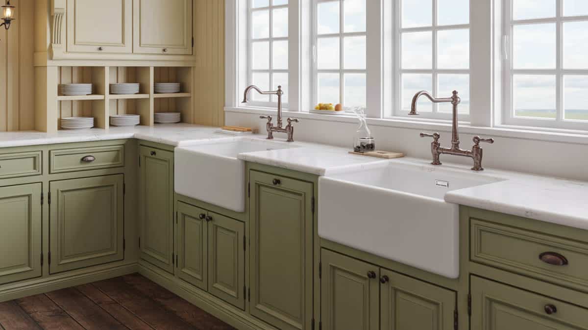 Sage green lower cabinets with double apron sinks, bronze bridge faucets, and large countryside windows