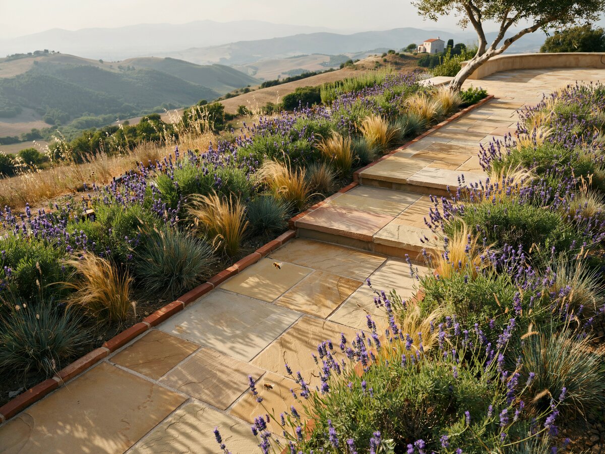 Sandstone square walkway with steps through a Mediterranean drought tolerant garden to an elevated patio