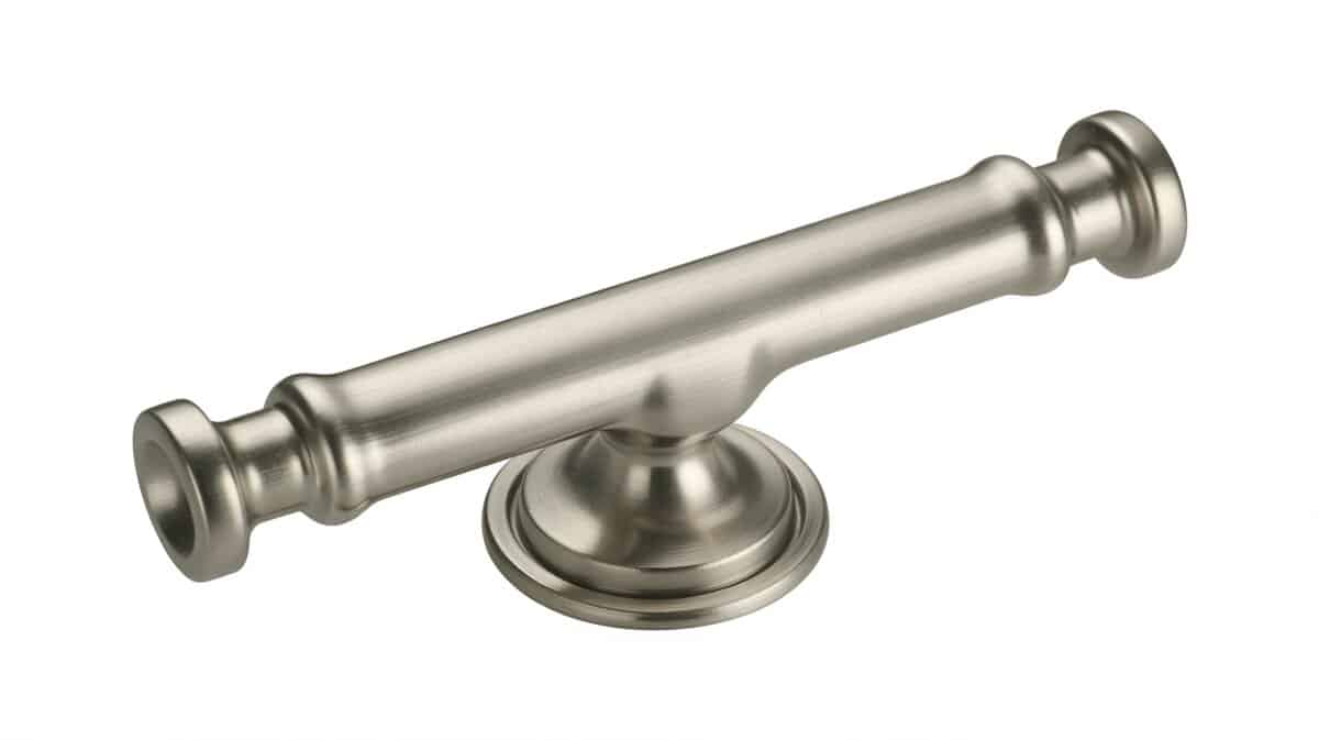 Satin nickel cylindrical bar-style cabinet pull with center mount on white background