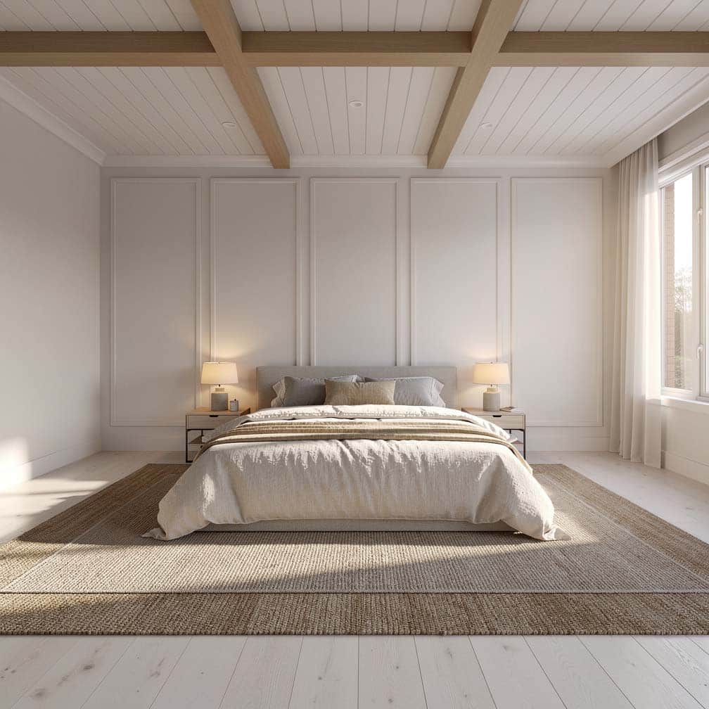 Bedroom with shiplap wood beam ceiling, raised wall paneling and hardwood flooring.