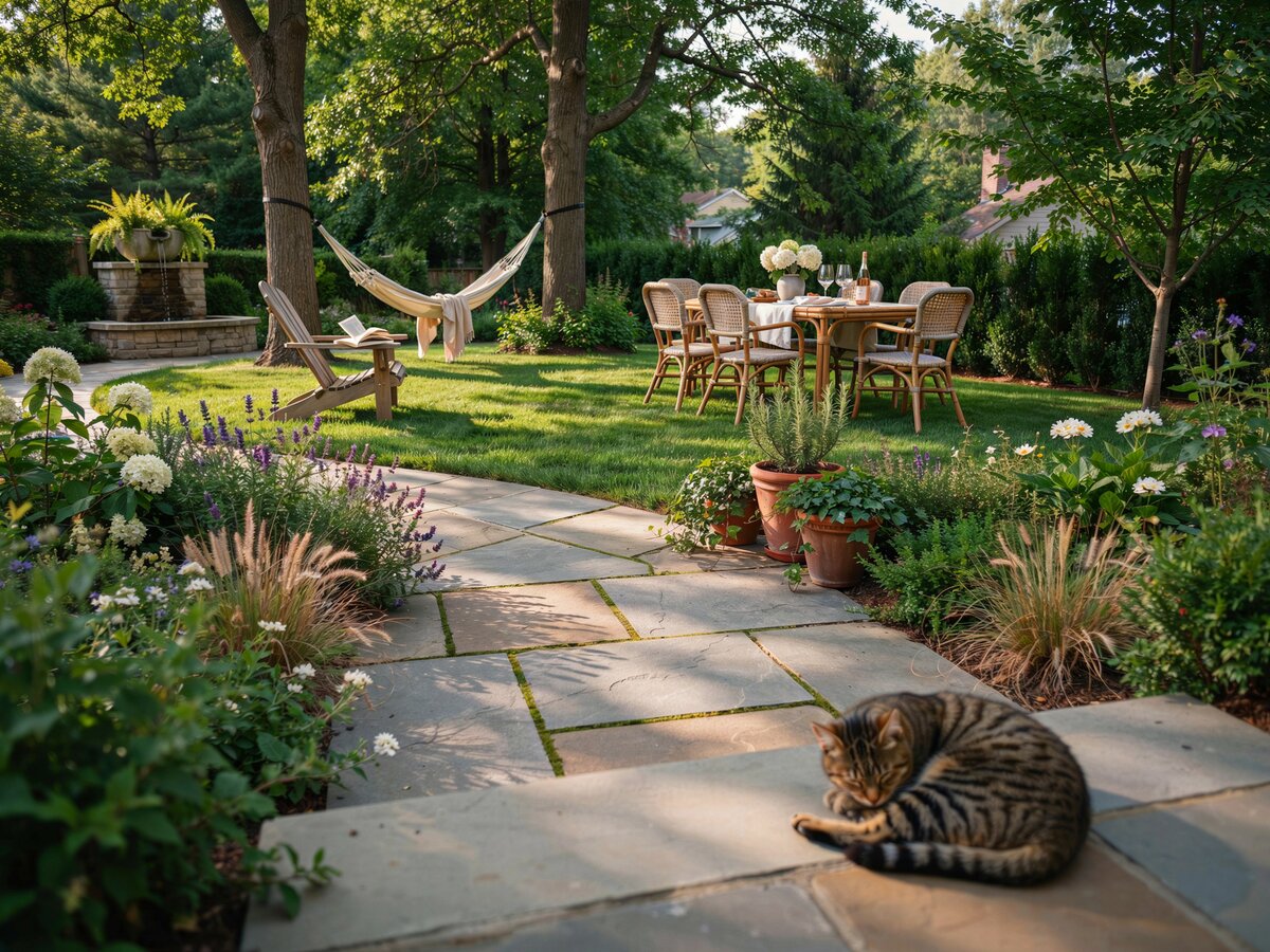 Wide slate flagstone path around a green lawn with an outdoor dining table and wall fountain