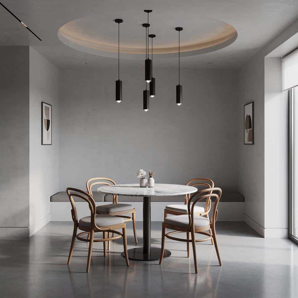 Small circular ceiling feature with pendant lights in a contemporary dining area.