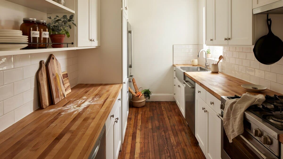 Wood cutting boards leaning against the backsplash above butcher block counters