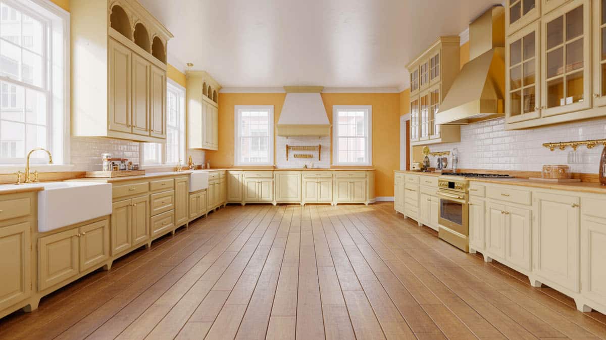 Spacious kitchen with natural oak floors, oatmeal-colored walls, off-white cabinets, and gold hardware