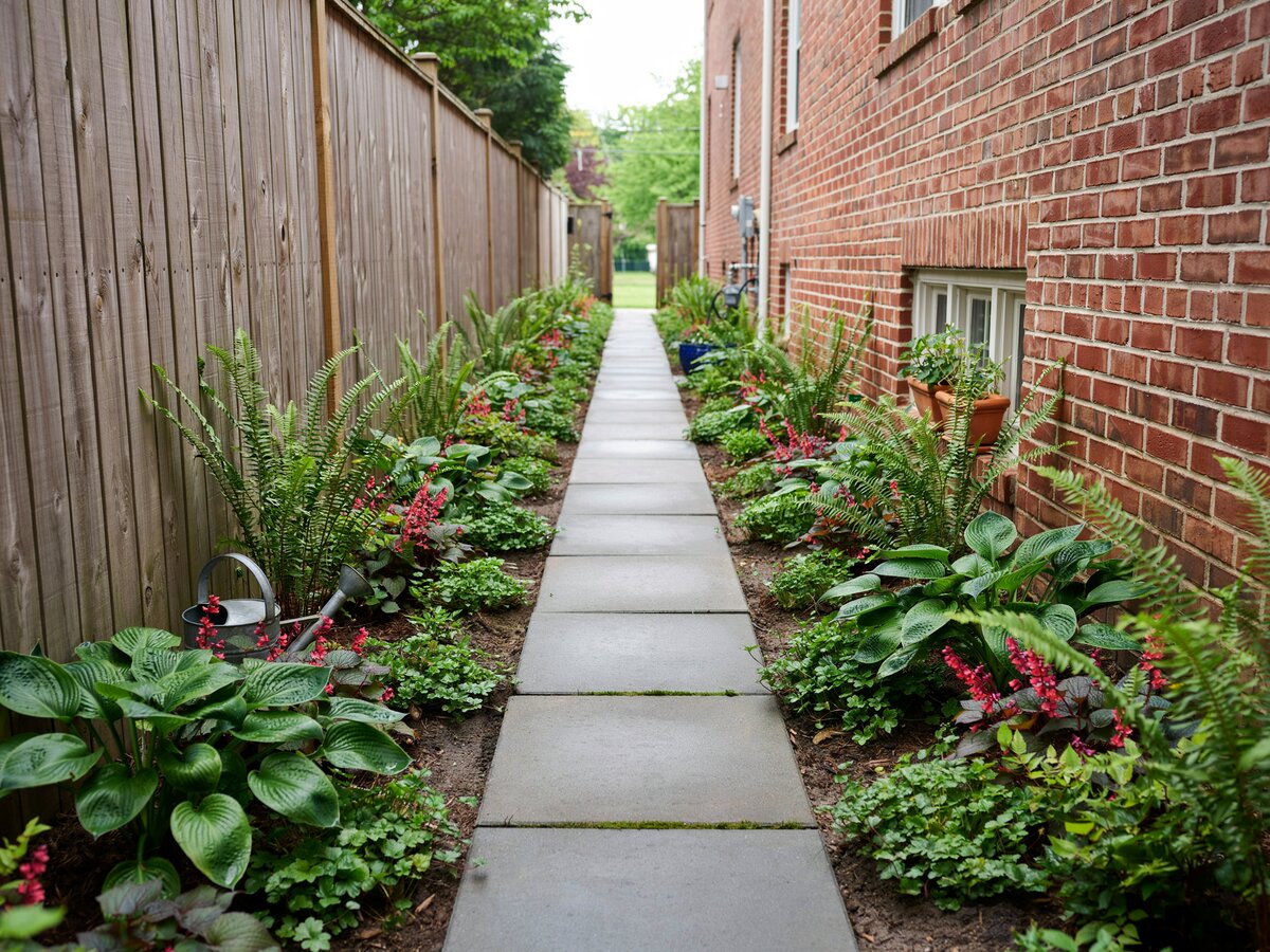 Square brick pavers through a narrow side yard garden between a wood fence and brick house