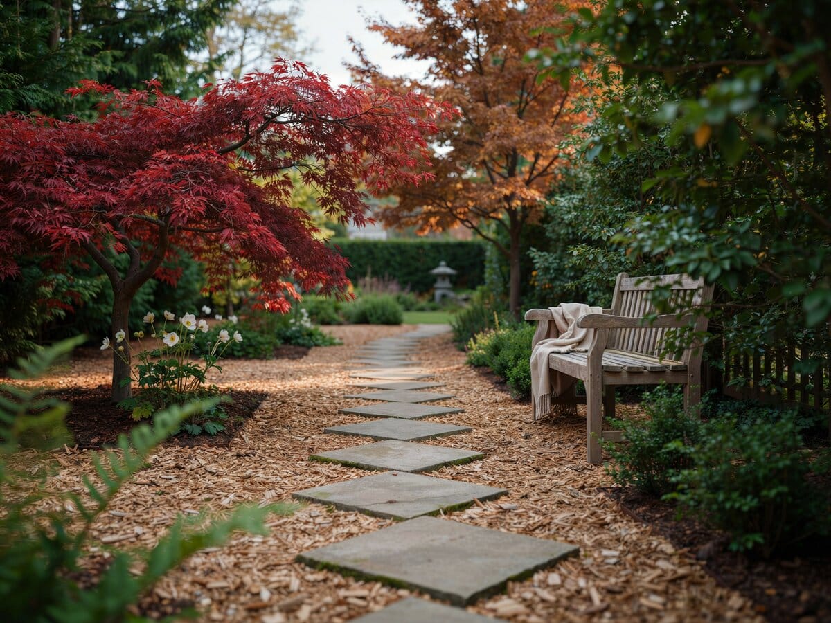 Square stone pavers stepping path through mulch in a wooded garden with Japanese maples and a bench