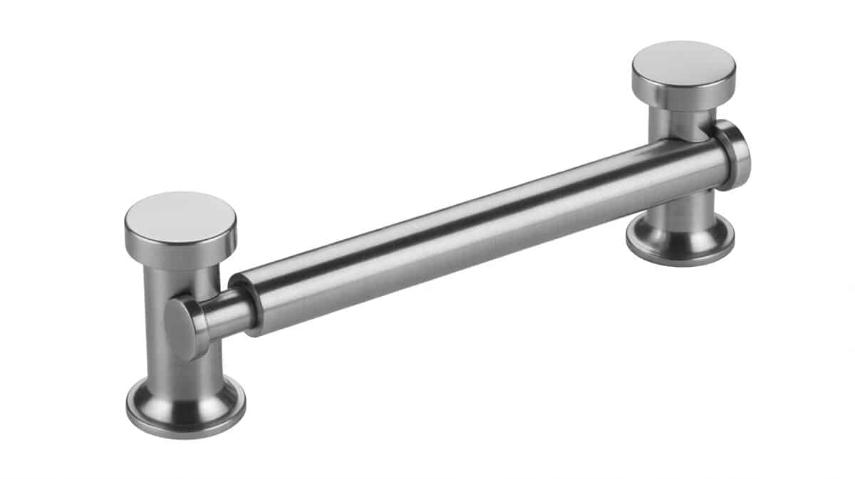 Stainless steel cylindrical bar pull with flat disc ends on white background