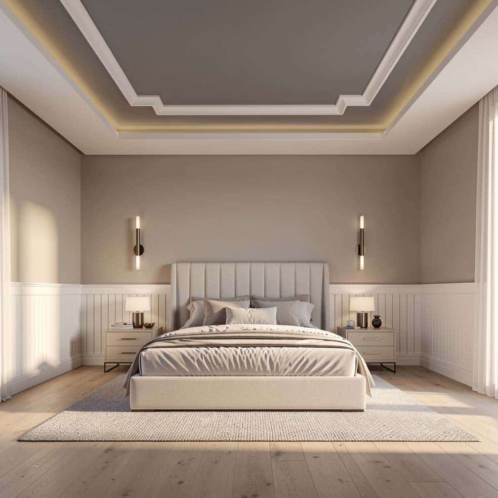 Master bedroom with painted stepped geometric ceiling and white wainscoting design.