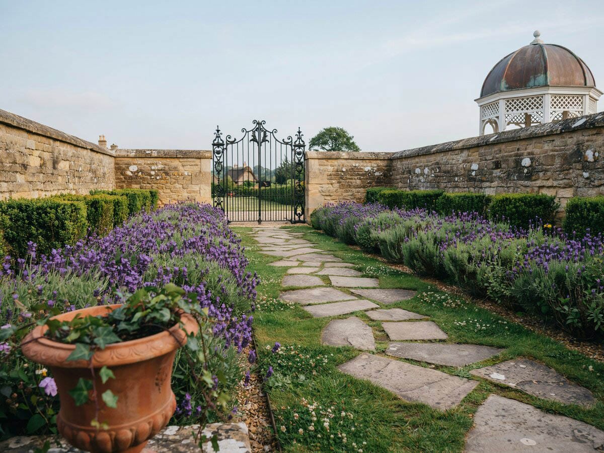 stone grass stepping path in formal english garden with iron gate, ornate gazebo and lavender