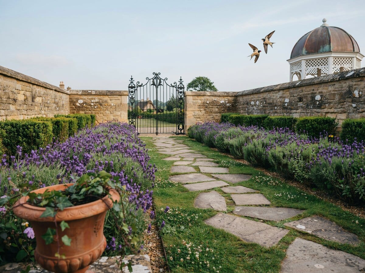 Stone and grass stepping path through a formal English estate garden with an iron gate and ornate gazebo