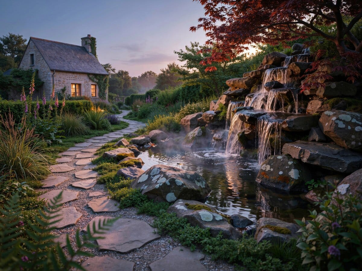 Natural stone and gravel path past a dramatic waterfall water feature and stone house at dusk