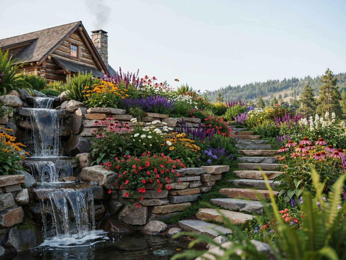Terraced rock garden with a cascading waterfall stone steps and colorful perennials near a rustic cabin