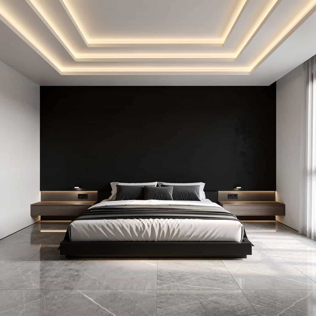 Bedroom with black accent wall and tiered ceiling.
