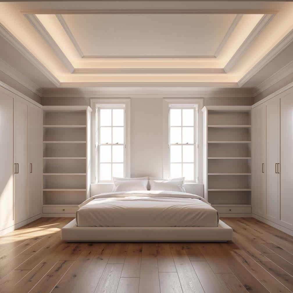 Bedroom with tiered ceiling decorated with large white crown molding.