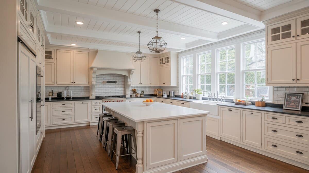 All-white raised panel kitchen with shiplap ceiling, white quartz island, industrial stools, and garden-view windows
