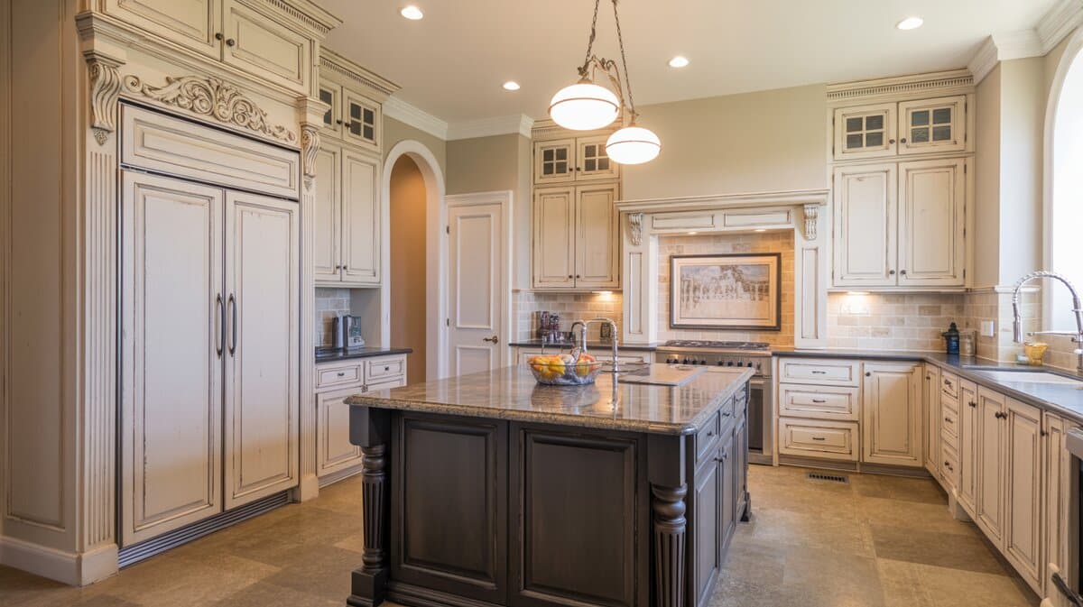 Antique white kitchen with ornate carved valance over refrigerator panel and dark espresso island