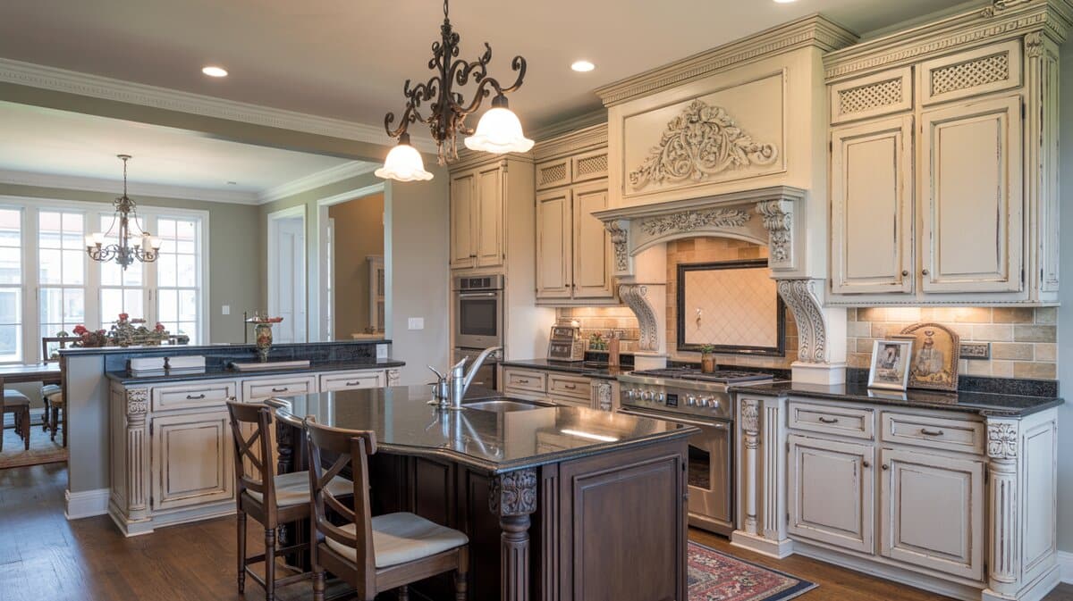 Antique white kitchen with ornate carved range hood, dark espresso island, and wrought iron chandelier