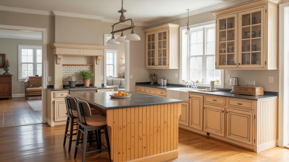 Cream traditional kitchen with glass-front upper cabinets, knotty pine beadboard island, and farmhouse sink