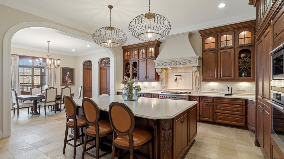 Dark walnut kitchen with carved stone range hood, white quartz island, leather oval-back stools, and brass chandeliers
