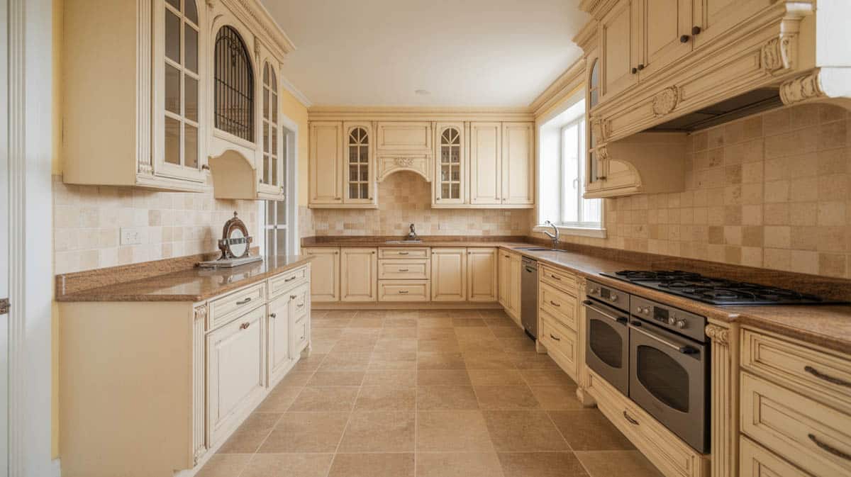 Traditional kitchen with beige travertine tile flooring, cream cabinets, and granite countertop