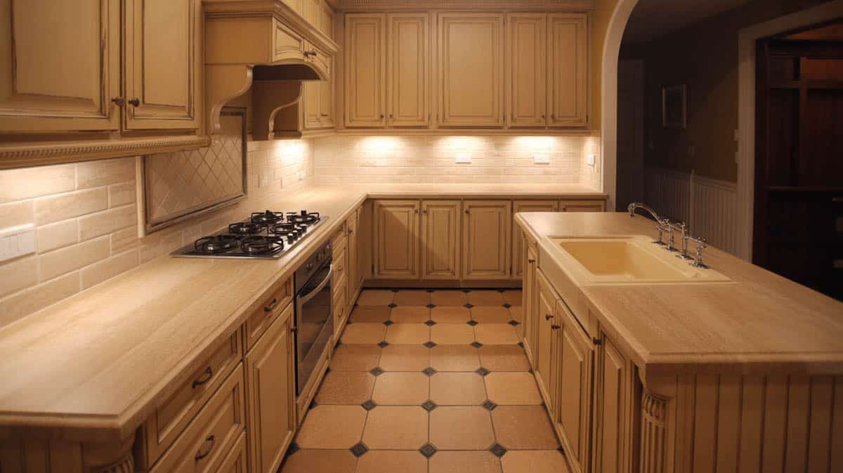Traditional kitchen with beige travertine stone countertop and matching travertine floor tiles