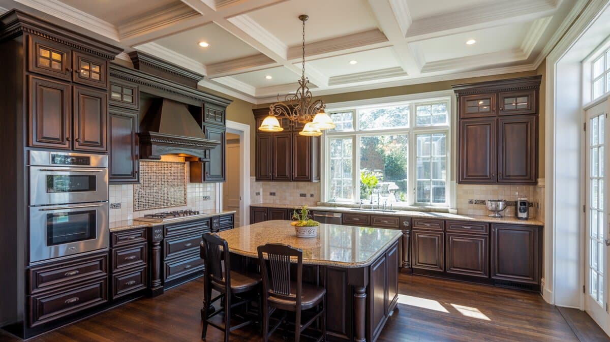 Dark espresso raised panel kitchen with coffered ceiling, granite island, and double wall ovens