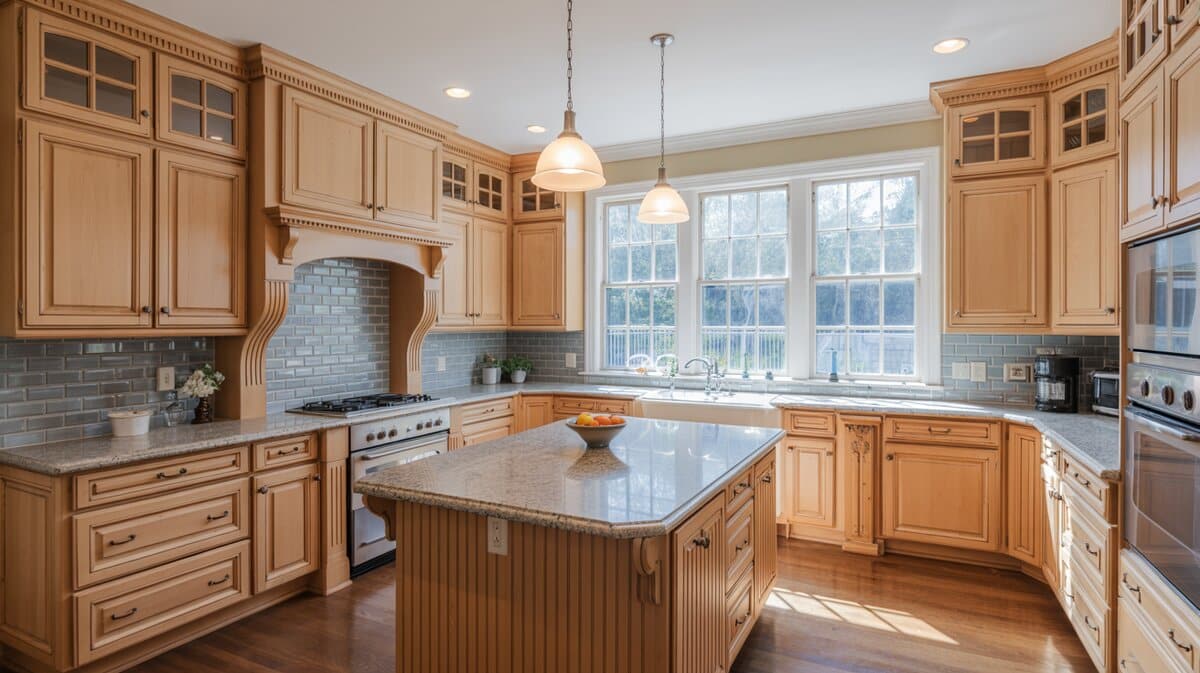 Light maple kitchen with blue-gray subway tile backsplash, glass-front upper cabinets, and large garden windows