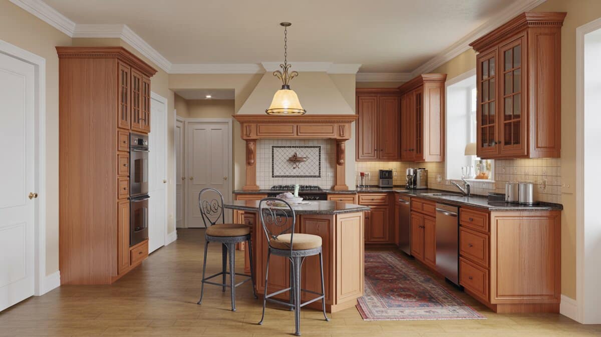 Honey oak traditional kitchen with decorative wooden hood, wrought iron bar stools, and granite island