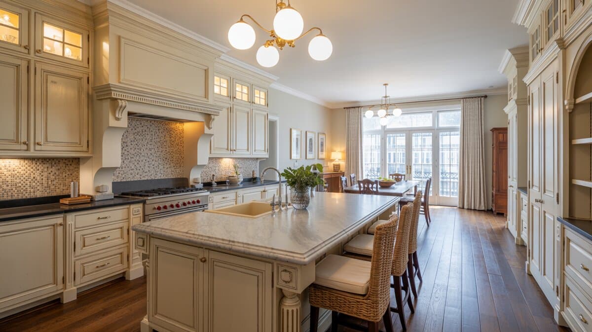 Cream and ivory open-plan traditional kitchen with marble island, wicker stools, and mosaic tile backsplash