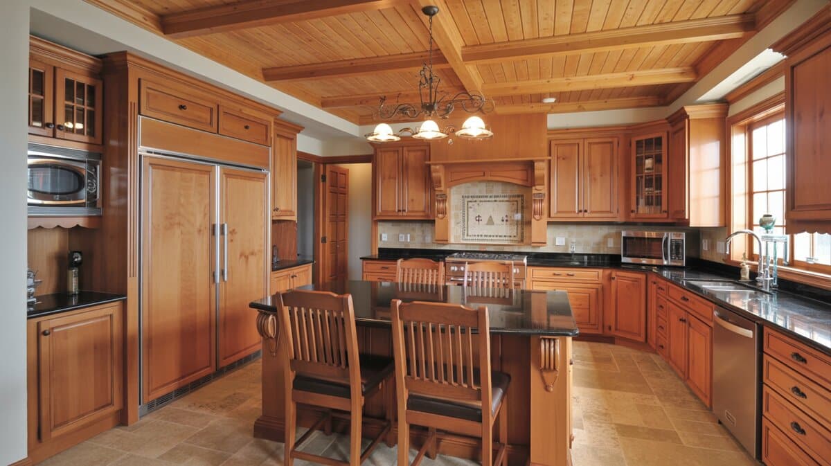 Knotty pine kitchen with exposed wood plank ceiling, black granite island, and mission-style bar chairs