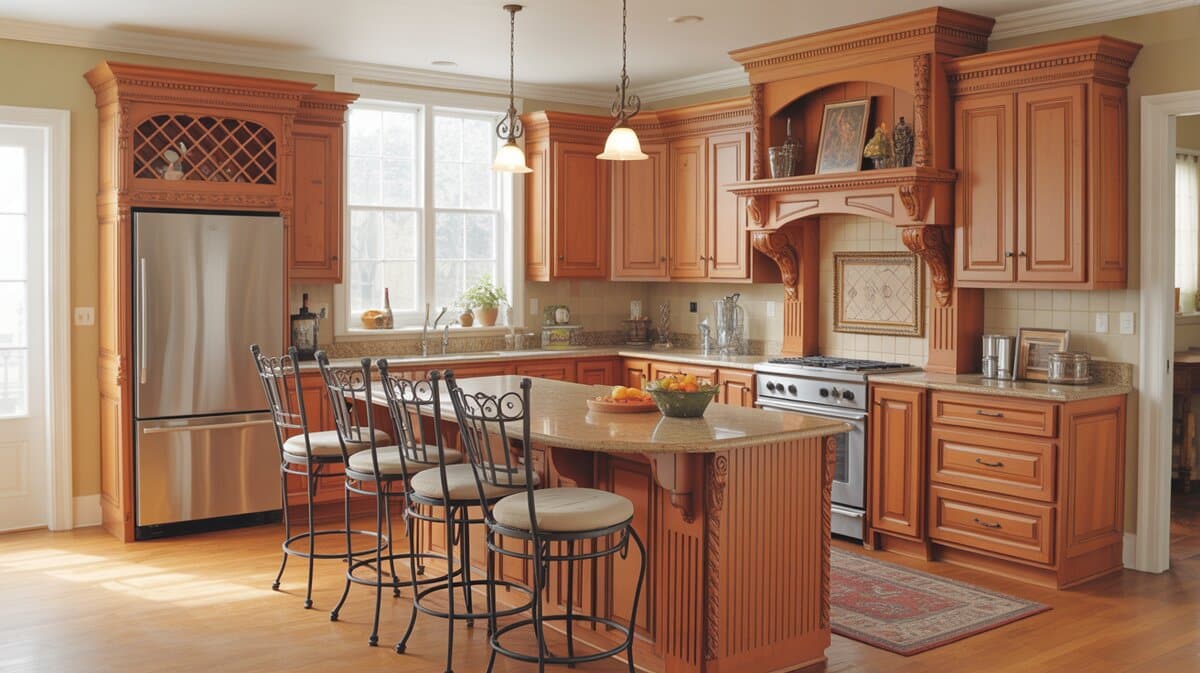 Warm honey maple kitchen with carved wooden hood, wrought iron cushioned bar stools, and wine rack cabinet