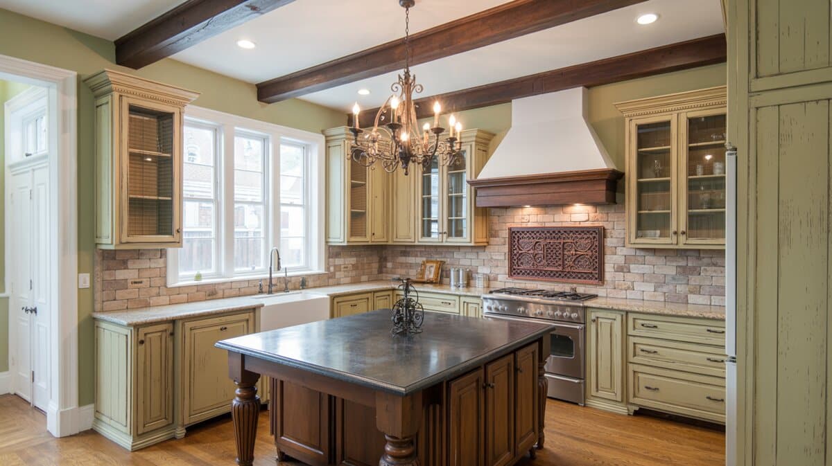 Sage green distressed kitchen with white plaster hood, copper insert, exposed wood beams, and dark wood island
